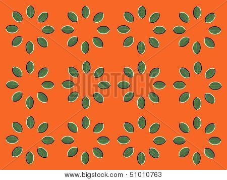 Optical illusion: rotation of circles made from green leaves isolated on orange background