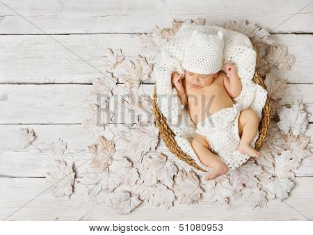 Newborn Baby Sleeping In Basket On Leaves Over White Wooden Background.