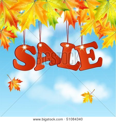 Seasonal Autumn Sale.word Sale Autumn Maple Leaves Against The Blue Sky With White Clouds.vector