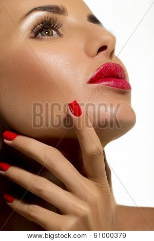 High Fashion Model Girl Portrait with Trendy Fringe Hair style and Makeup.