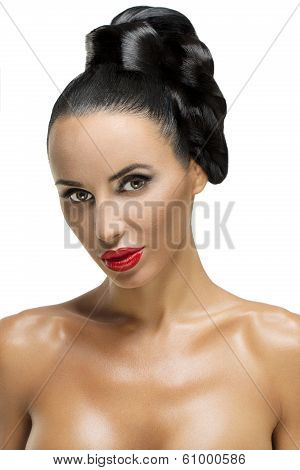 High Fashion Model Girl Portrait with Trendy Fringe Hair style and Makeup.