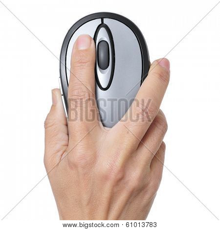 woman hand with a computer mouse on a white background