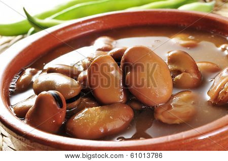closeup of an earthenware bowl with broad bean stew