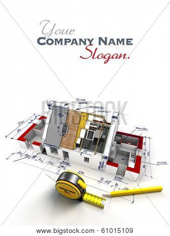 Aerial view of a house under construction with explanatory notes 