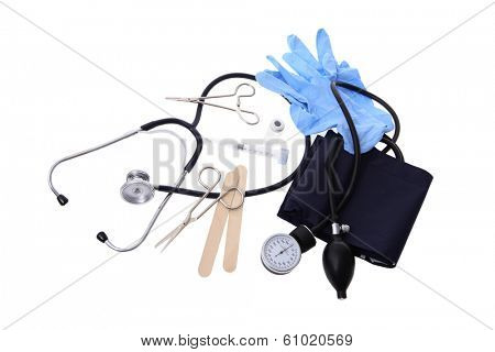 Doctor medical instruments still life on white 