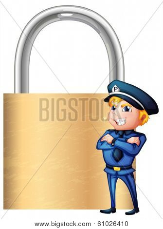 Illustration of a smiling cop beside the giant padlock on a white background