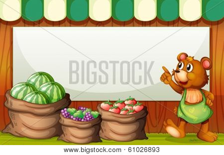 Illustration of an empty template at the market with a bear and sack of fruits