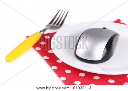 Computer mouse on plate with fork isolated on white