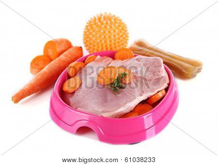 Natural food for pets in plastic bowl isolated on white