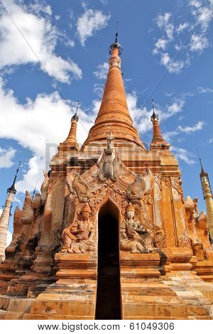 INDEIN, MYANMAR - DEC 12, 2013 Pagodas with statute and bas-relief of Indein, Inle Lake, Myanmar