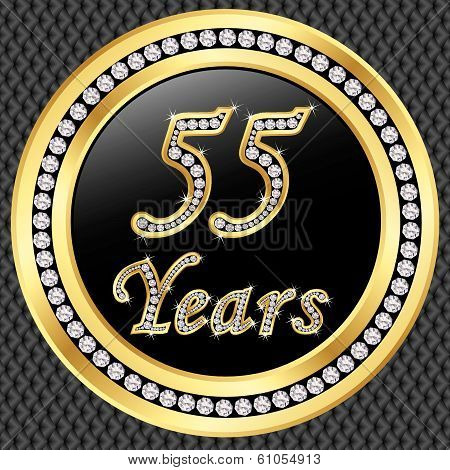 55 Years Anniversary Golden Happy Birthday Icon With Diamonds, Vector Illustration