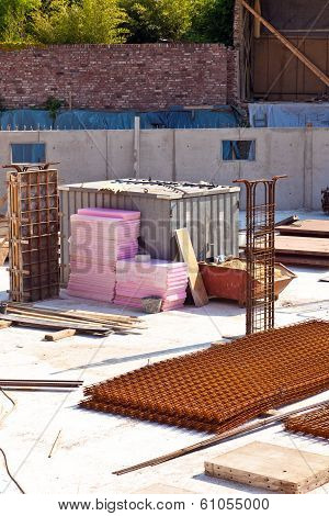 Material At A Construction Site For The Base Of A New House