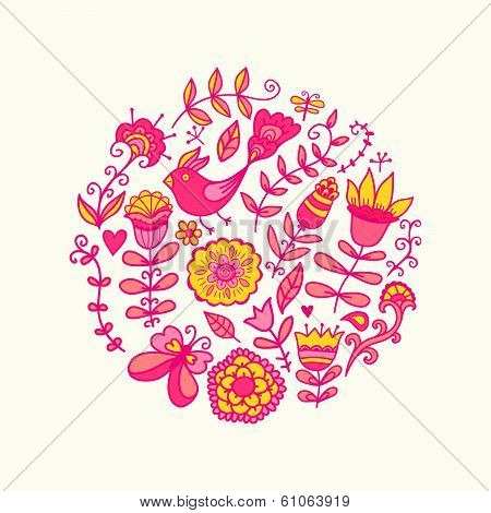 Vector illustration of circle made of flowers and birds.