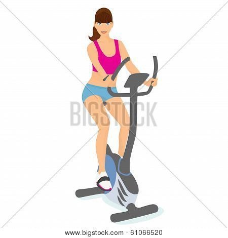 Young woman with brown hair uses a bicycle in the gym for a good mood