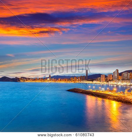 Benidorm Alicante sunset playa de Poniente beach in Spain Valencian community