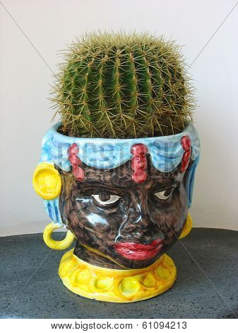 Hand painted traditional Italian ceramics vase with Cactus