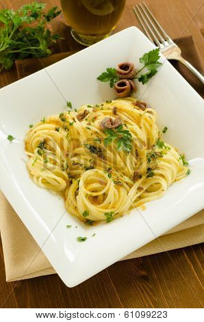 Spaghetti with bottarga and anchovies