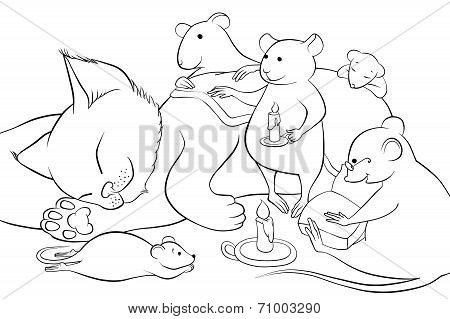 Mice Read Book To A Kitten At The Night