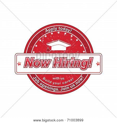 Now Hiring red round label / stamp.