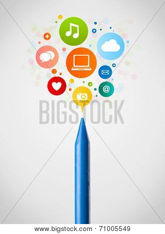 Coloured crayon close-up with social network icons