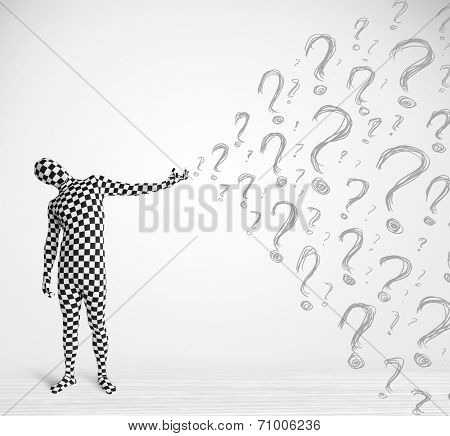 3d human character is body suit morphsuit looking at hand drawn question marks