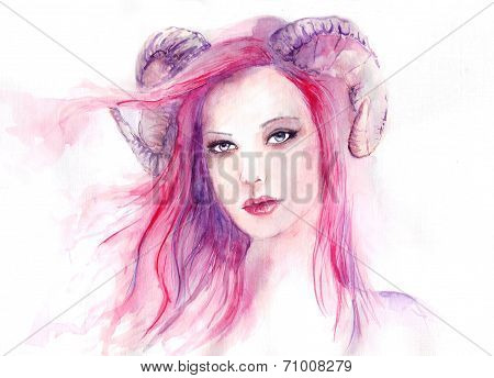 Beautiful woman with long hair and horns