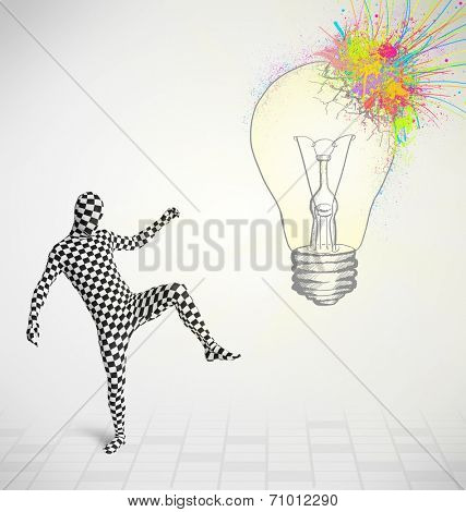3d human character is body suit morphsuit looking at abstract colorful lightbulb