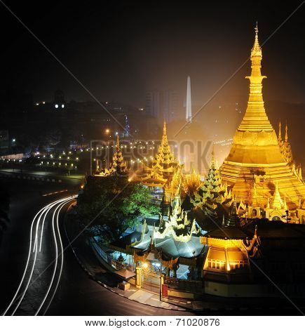 Yangon Myanmar, night cityscape panorama with Sule pagoda