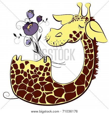Cute giraffe with bunch of flowers