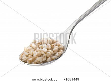 Spoon with boiled buckwheat close-up isolated
