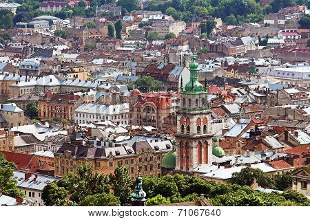 Assumption Orthodox Church With Korniakt Tower And Lviv Cityscape In Lviv, Ukraine