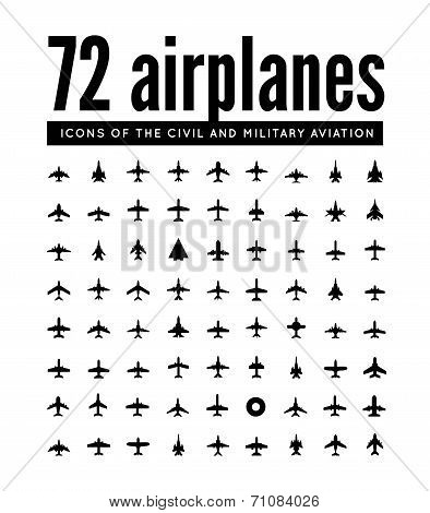 72 vector icons of airplanes
