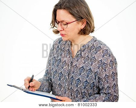 Woman with writing pad