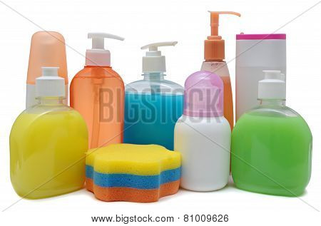 Closed Cosmetic Or Hygiene Plastic Bottle Of Gel, Liquid Soap, Lotion, Cream, Shampoo. Isolated On W