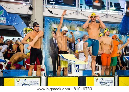 Milan - December  23: F. Magnini ( White Cap)  In  Swimming Meeting Brema Cup On December  23, 2014
