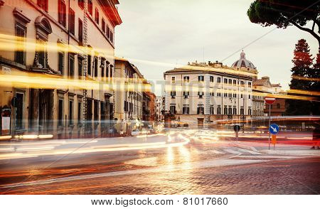 Light Of Car Traffic On Piazza D'aracoeli