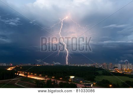 Summer thunderstorm with lightning over Moscow