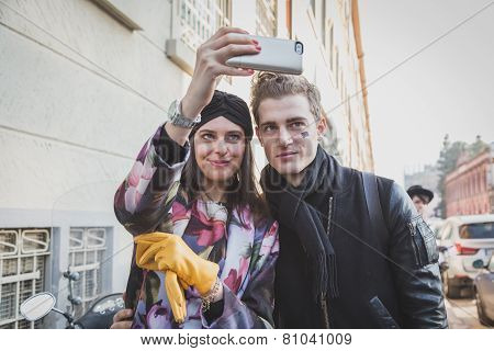 Girl With Model Taking A Selfie Outside Dirk Bikkembergs Fashion Show Building For Milan Men's Fashi