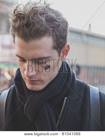 Beautiful Model Outside Dirk Bikkembergs Fashion Show Building For Milan Men's Fashion Week 2015