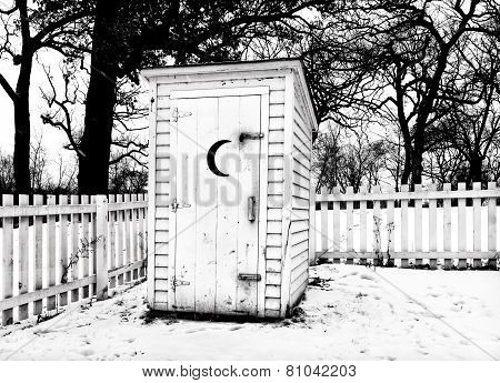 Vintage Rural Outhouse In Black In White In Winter