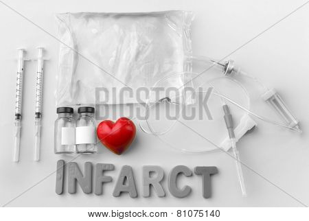 Medicines with Infarct word on colorful background