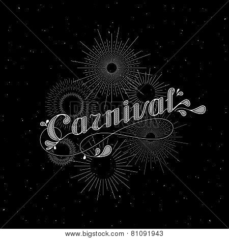 vector typographical illustration with ornate word carnival and light rays, starburst or fireworks o