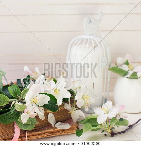 Postcard With Apple Blossom, Decorative Bird, Old Books, Candles