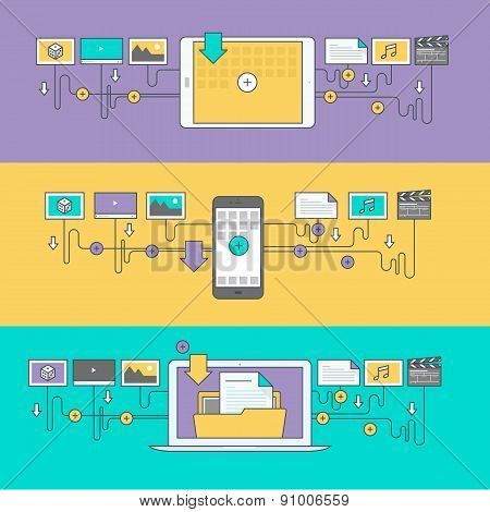 Set of color line banners for download services
