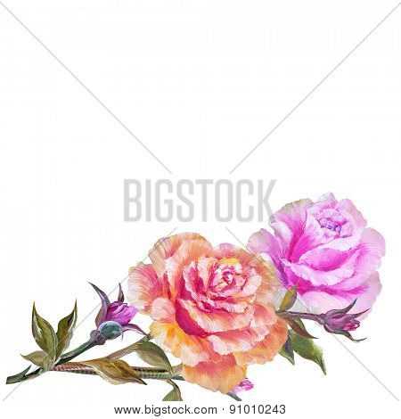 Vinage pink and yellow roses. Oil painting on canvas.