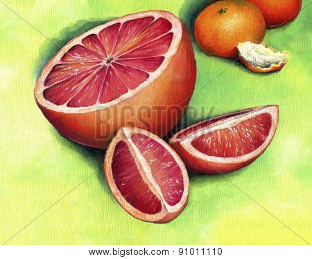 Red grapefruit, painted in oil on canvas.