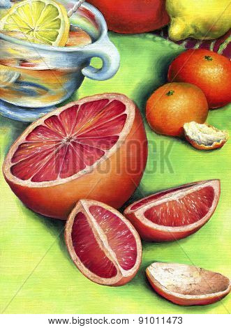 Grapefruit, lemon tea and two mandarin.