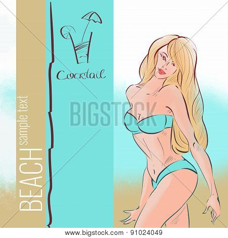 Girl On The Beach. Vector Illustration.