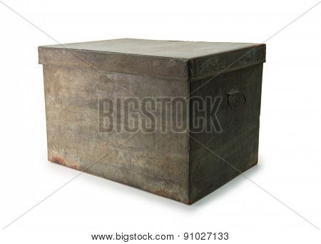 Very old iron or tin metal storage trunk or box, isolated on white.   