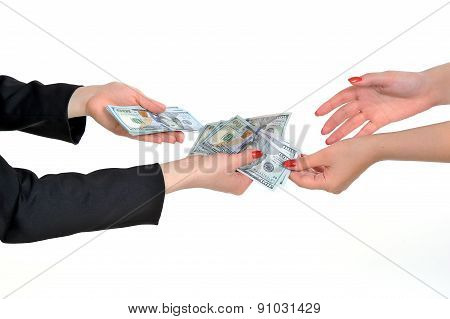 Money In Human Hands Isolated On White Background. Transfer Of Money